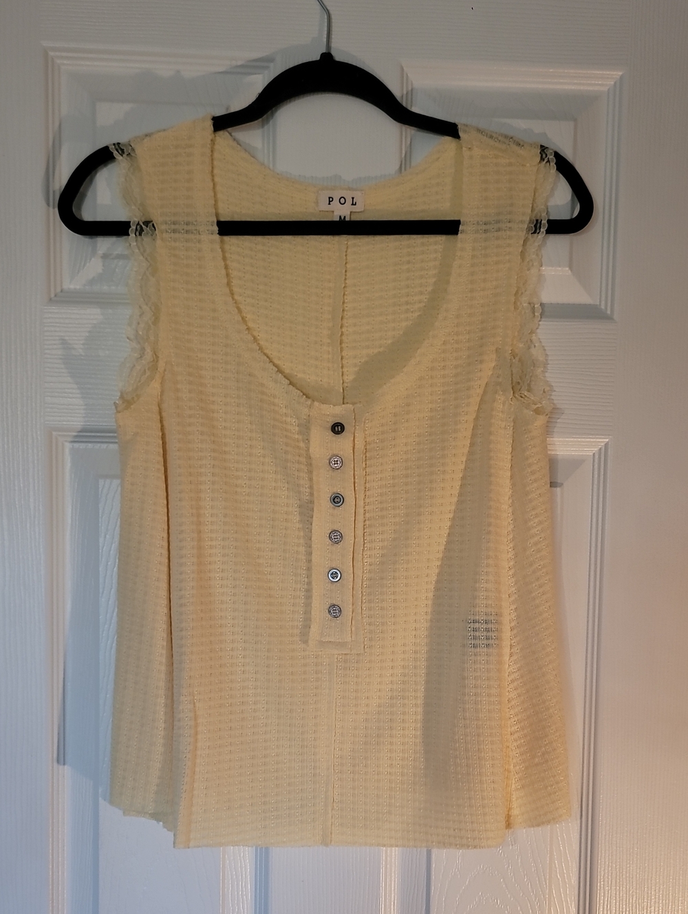 POL Cream Lace-Trim Button Henley Tank